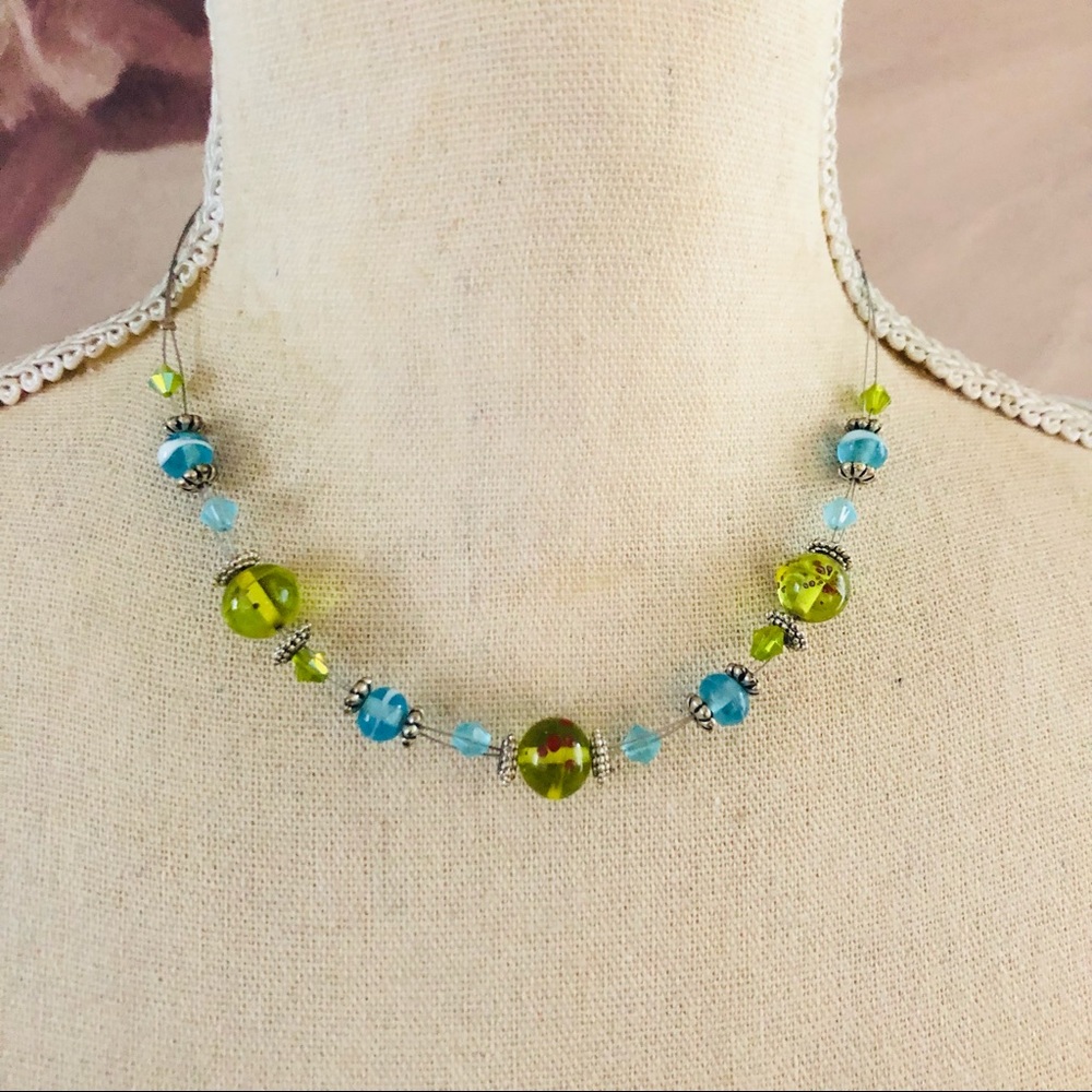 Handcrafted forest green and baby blue glass bead coil chain necklace